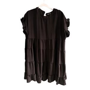 Miholl Womens SZ S A Line Midi Dress Yellow Layered Crew Short Sleeve Ruffle